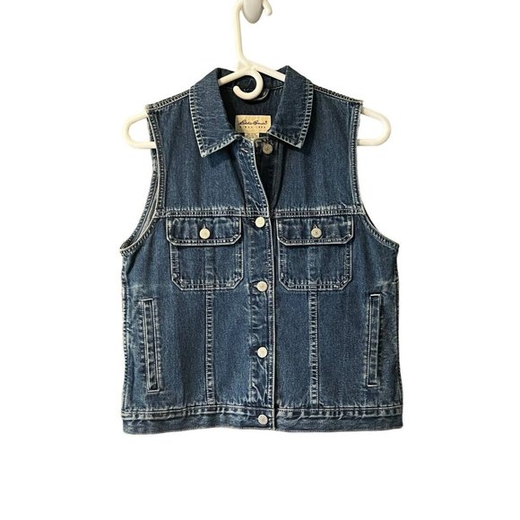 VTG Eddie Bauer Denim Vest Womens Size XS Button Sleeveless Pockets 90s - Picture 1 of 14